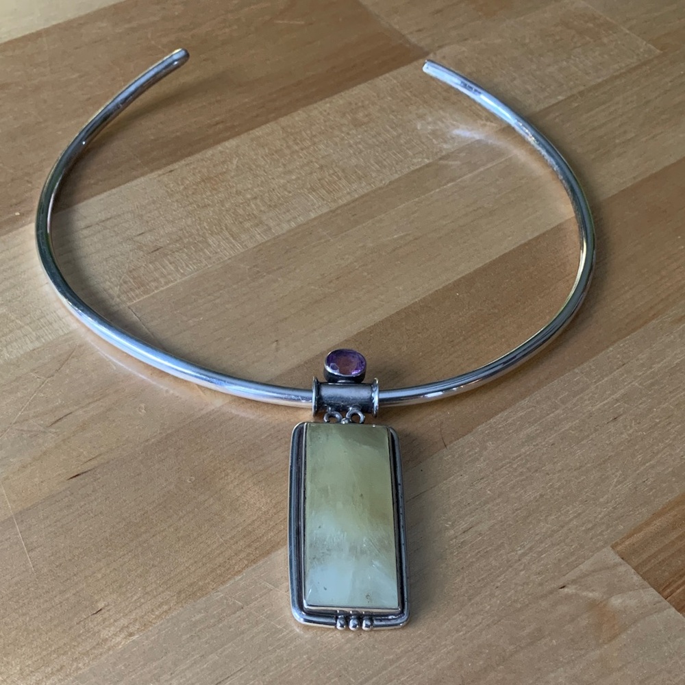 Sterling Silver Prehnite and Amethyst pendant necklace